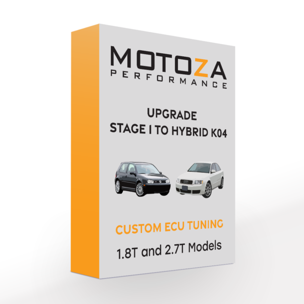 Box reads Upgrade Stage 1 to Hybrid K04 with illustrations of MK4 GTI and B6 A4