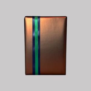 Gift wrap option with metallic bronze paper and navy blue and hunter green ribbon