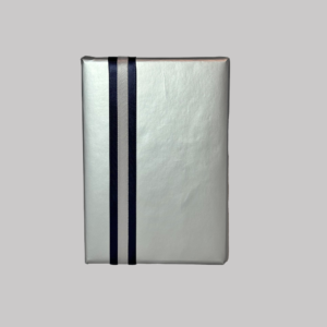 Gift wrap option with silver wrapping paper and navy and silver satin ribbon